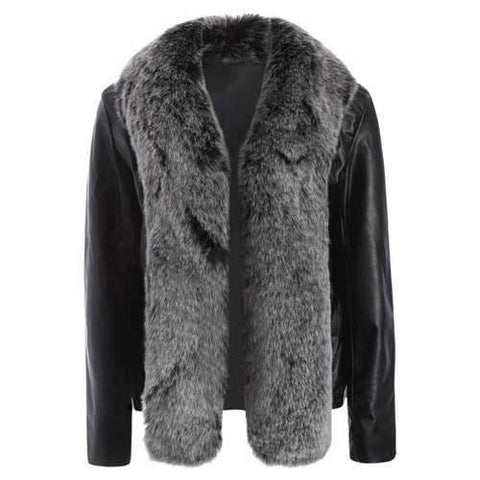 Open Front Faux Leather Jacket with Fur Collar - Black M
