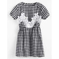 Short Sleeve Plaid Lace Panel Dress - Plaid M