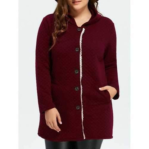 Button Up Lacework Hooded Coat - Wine Red L