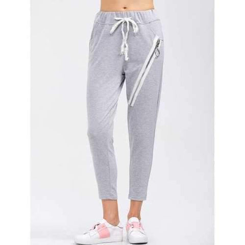 Drawstring Running Pants With Zipper - Light Gray Xl