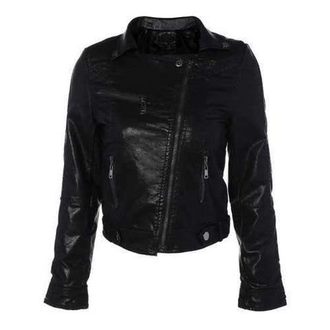 Zipper Pocket PU Leather Biker Jacket - Black M