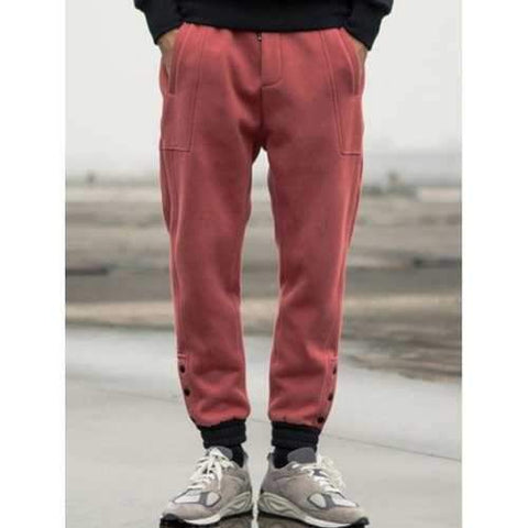 Buttoned Pocket Drawstring Jogger Pants - Watermelon Red M