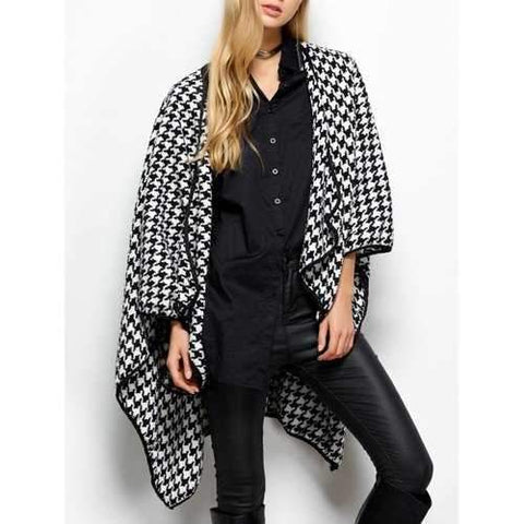 Asymmetrical Open Front Houndstooth Coat - White And Black One Size