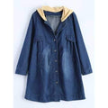 Hooded Ruched Denim Coat - Blue M