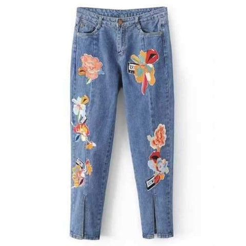 Slit Leg Low Rise Embroidery Jeans - Light Blue S