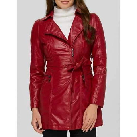 Asymmetrical Belted Faux Leather Jacket - Wine Red 3xl