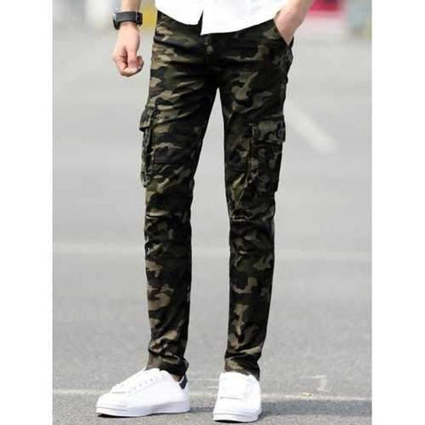 Slim Fit Camo Cargo Pants with Pockets - Deep Green 29