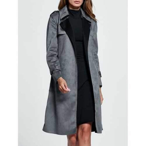 Belted Sueded Draped Trench Coat - Gray Xl