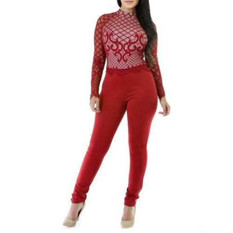 Long Sleeve Lace Insert Jumpsuit - Red M
