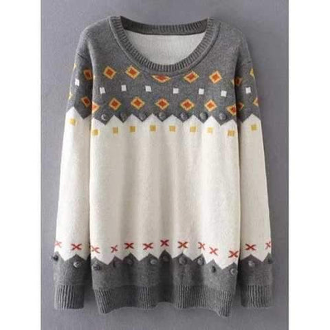 Crew Neck Color Block Plus Size Sweater - Grey And White Xl
