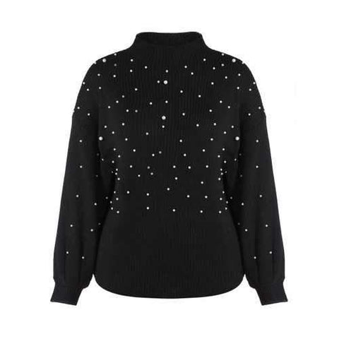 Beading Mock Neck Lantern Sleeve Sweater - Black 4xl