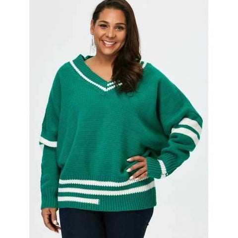 Plus Size V Neck Cricket Striped Sweater - Green 5xl