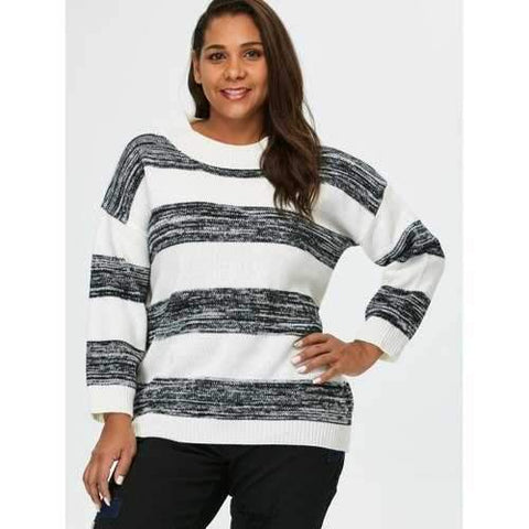 Plus Size Crew Neck Block Stripe Sweater - White 4xl