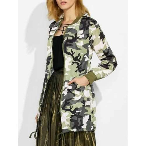 Camo Print Zip Up Coat with Pockets - Camouflage Color M