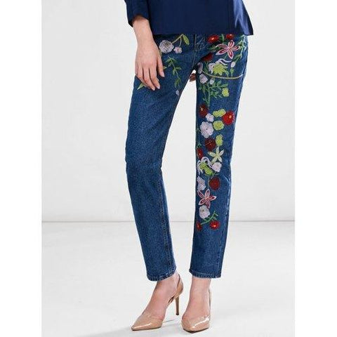 Floral Embroidered Ankle Jeans - Blue L
