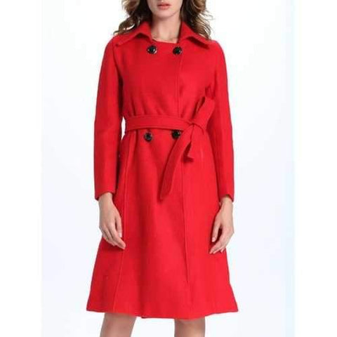Belted Double Breasted Coat with Pockets - Red L