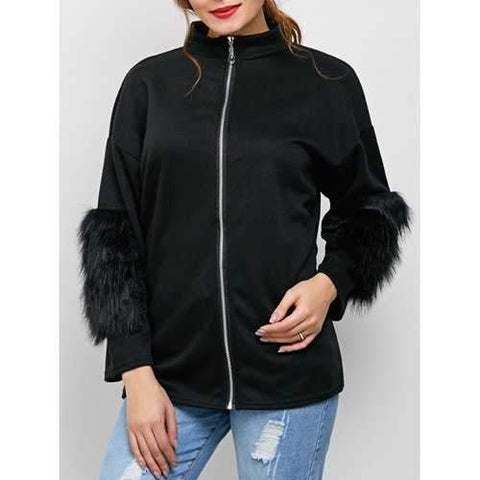 Zipper Faux Fur Drop Shoulder Jacket - Black L