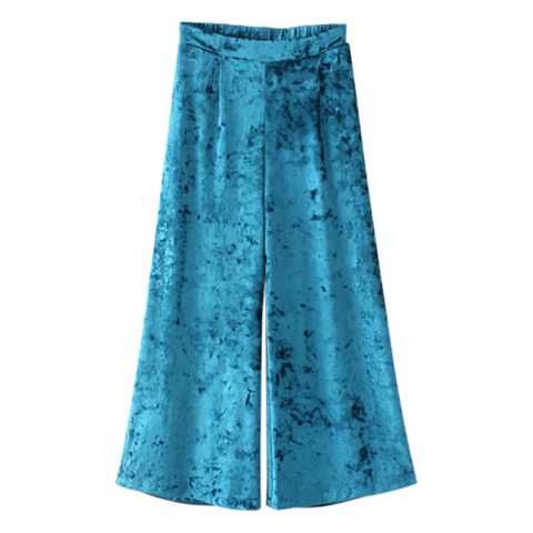 Elastic Waist Wide Leg Velvet Culotte Pants - Peacock Blue M