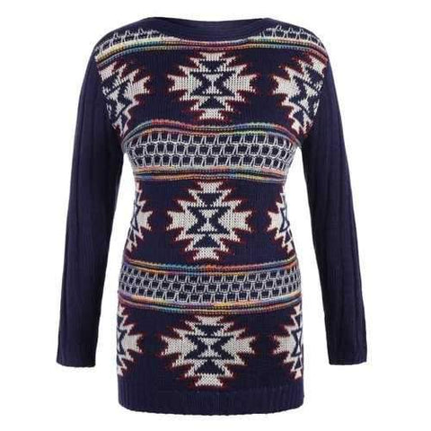 Geometrical Graphic Plus Size Pullover Ribbed Sweater - Purplish Blue 3xl