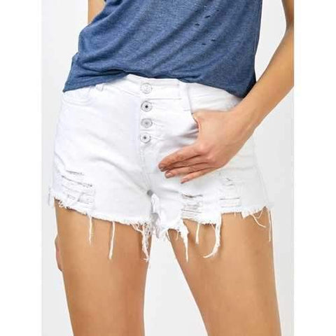 High Rise Button Up Cut off Jean Shorts - White Xl