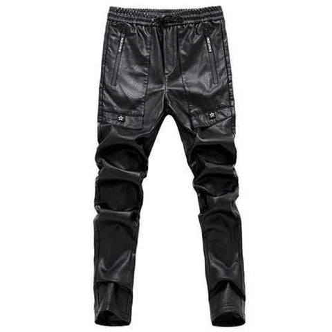 Star Appliques Narrow Feet PU Leather Pants - Black 33