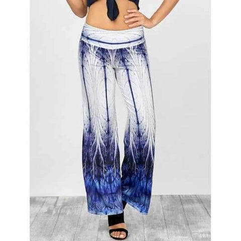 Elastic Waist Printed Wide Leg Pants - Blue Xl