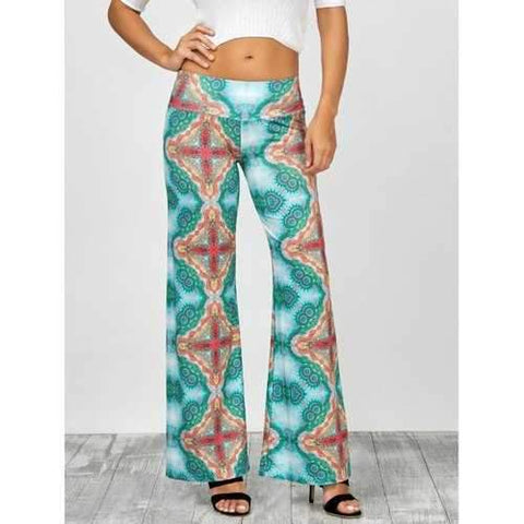 Cross Print Long Wide Leg Palazzo Pants - Green S