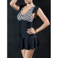 V Neck Cap Sleeve Striped Swimwear - Black M