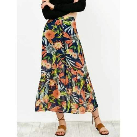 High Waist Floral Print Buttoned Skirt - L