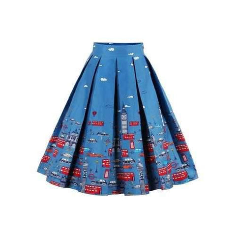 High Waisted Printed Pleated Skirt - Blue S