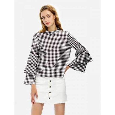 Bell Sleeve Plaid Blouse Shirt - White And Coffee S