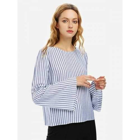 Long Bell Sleeve Striped Blouse Shirt - Blue White Striped Xl
