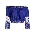 Ruffles Off Shoulder Lace Panel Crop Top - Blue M