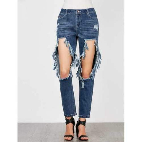 Cat's Whisker and Hole Embellished Jeans - Blue L