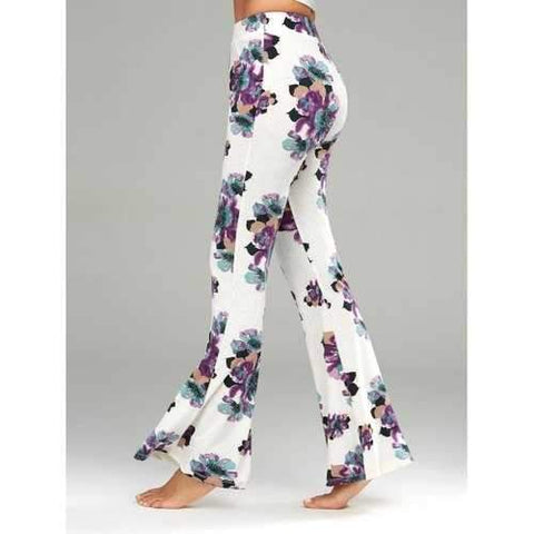 Casual Floral Print Flare Pants - White M