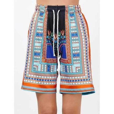 Bohemian Print Drawstring High Waisted Board Shorts - Orange S