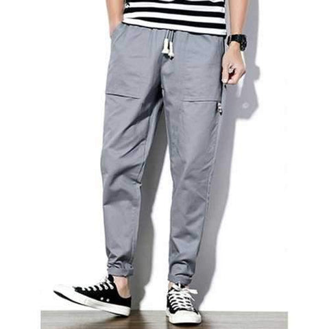 Big Pockets Drawstring Tapered Pants - Light Gray 3xl