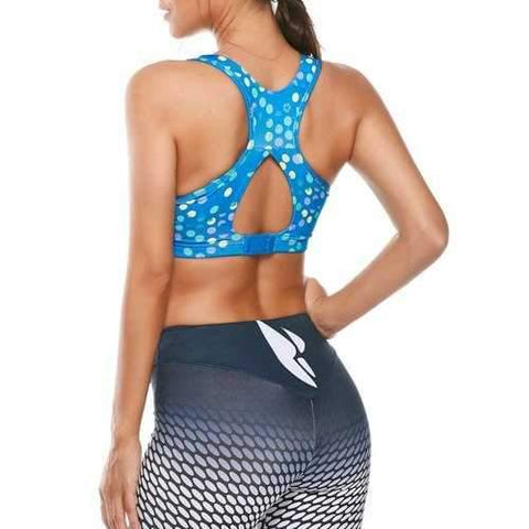 Colorful Printed Cutout Padded Racerback Sports Bra - Azure S