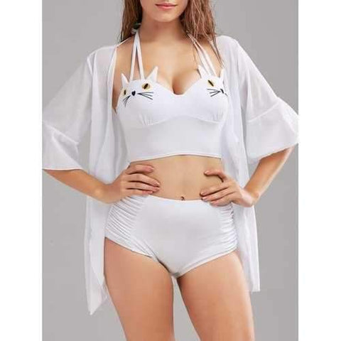 Cat Shape High Waisted Bikini with Cover-Up - White S