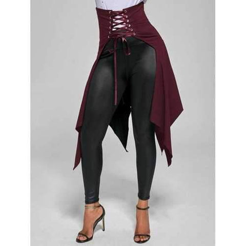 High Waist Lace Up Front Slit Asymmetrical Skirt - Wine Red L