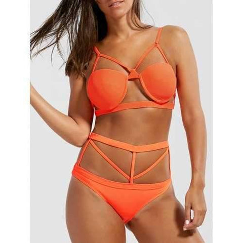 Caged Strappy Underwire Bikini Set - Orange Red Xl