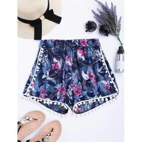 Floral Print Pom Pom Shorts - Blue M