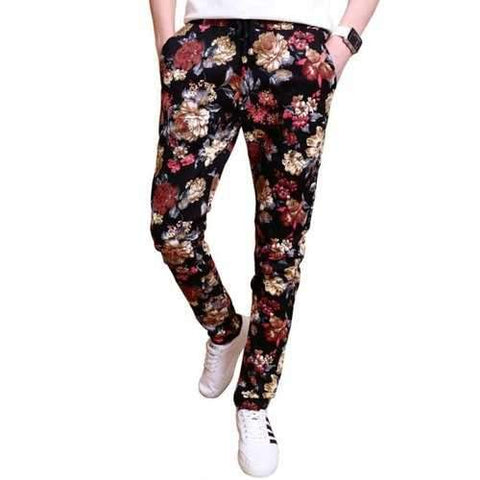 All Over Flowers Printed Drawstring Skinny Pants - 2xl