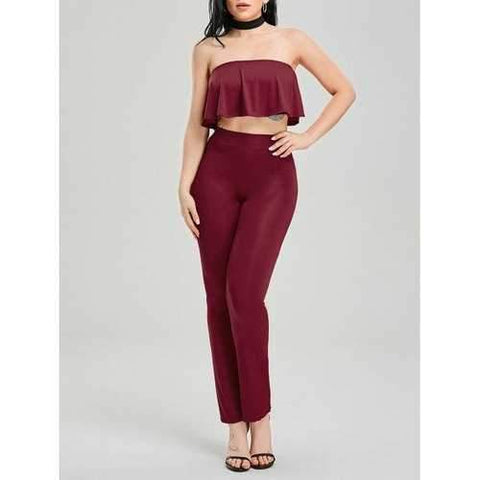 Flounce Tube Top+High Waist Pants - Red S