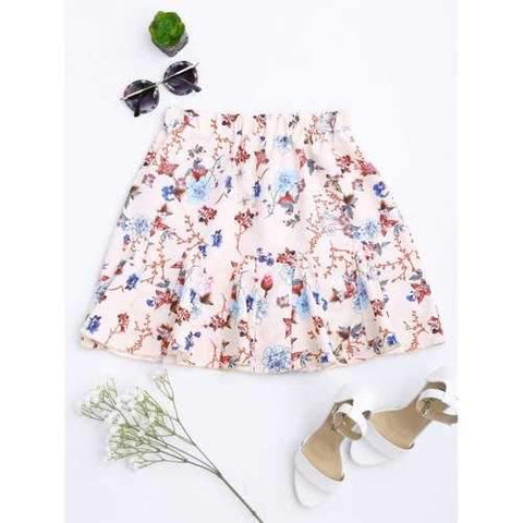 Floral Print Pleated Flounce Skirt - Apricot S
