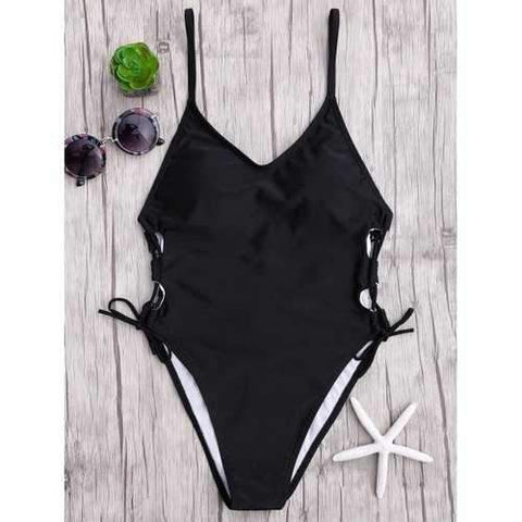 Backless Lace Up One Piece Swimsuit - Black Xl