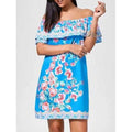 Mini Off The Shoulder Floral Print Dress - Lake Blue L