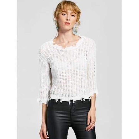 Pullover Frayed Hem Knitted Top - White One Size