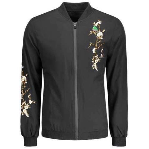 Casual Embroidered Bomber Jacket - Black 2xl