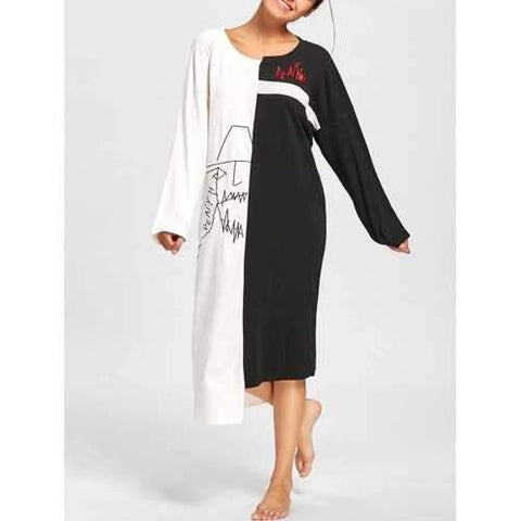 Two Tone Oversized Asymmetric Sleep Dress - Black White L